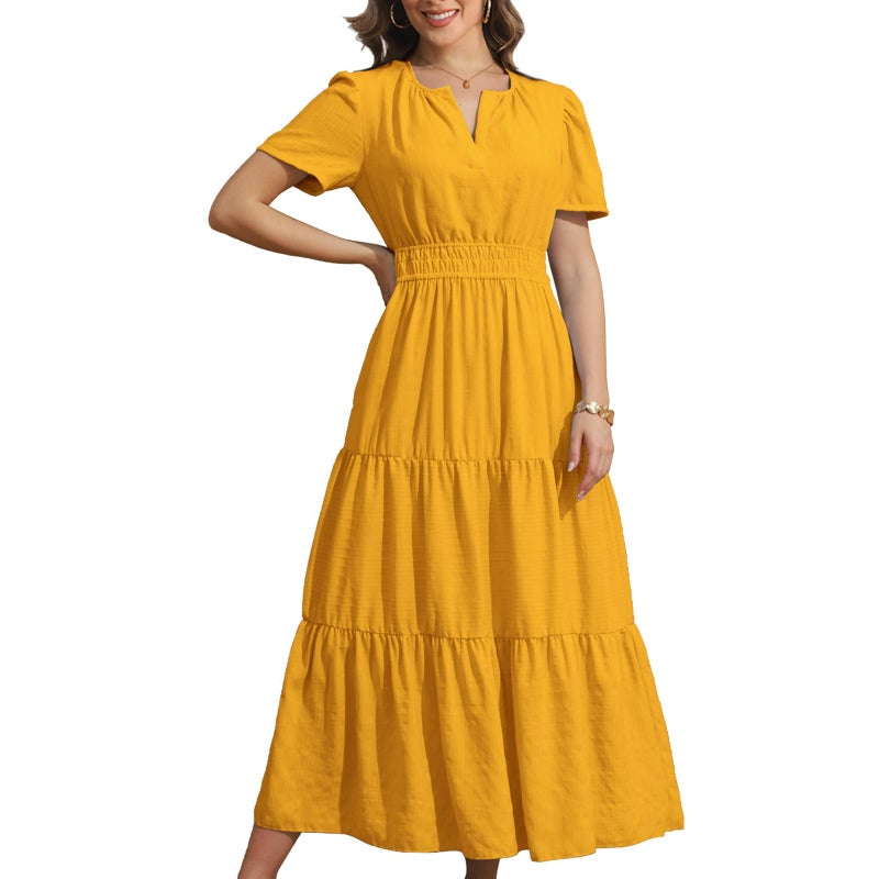 Rainday Womens Casual Maxi Dresses Fashion Holiday Short Sleeved Elastic Waist Beach Boho Dress with Pockets(Z3918YE,2XL) - Image 1