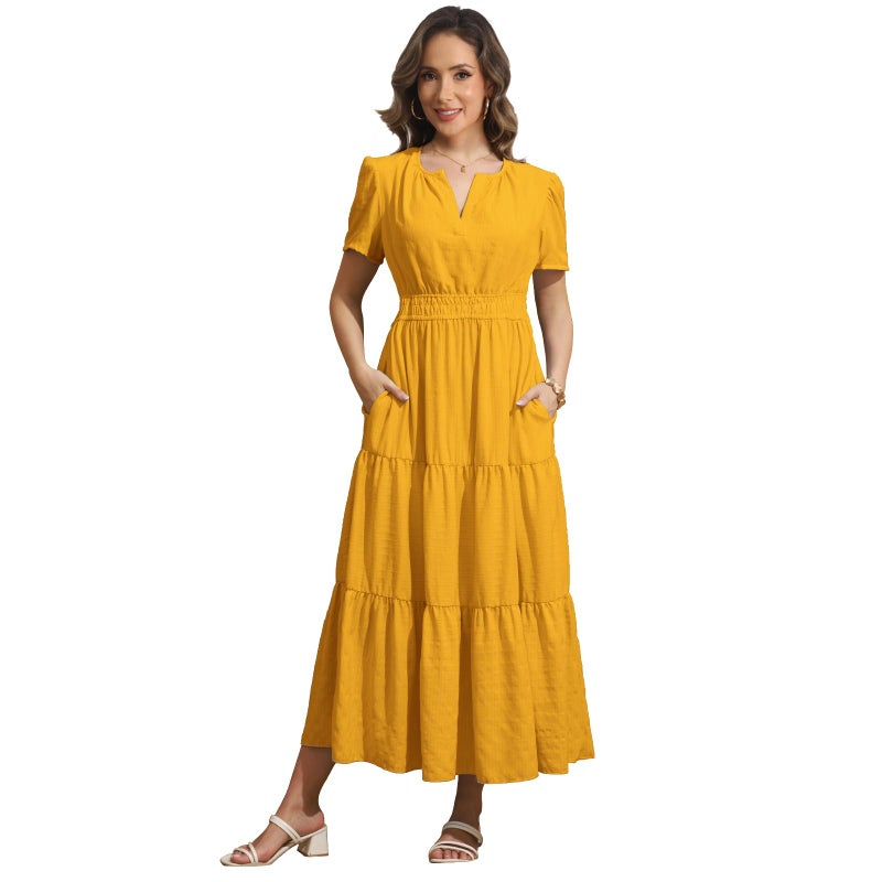 Rainday Womens Casual Maxi Dresses Fashion Holiday Short Sleeved Elastic Waist Beach Boho Dress with Pockets(Z3918YE,2XL) - Image 4