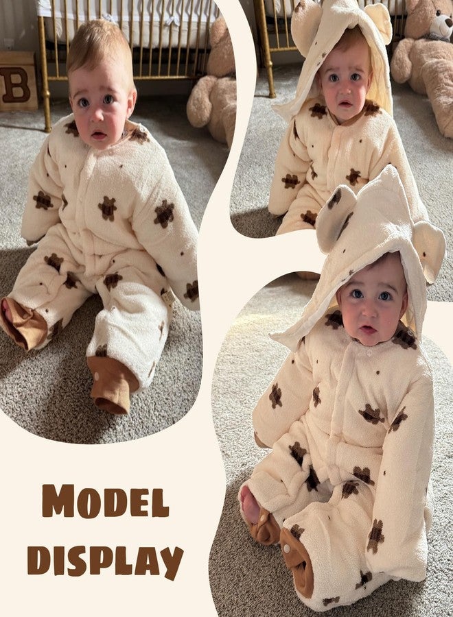 JiAmy Baby Snowsuit Newborn Animal Printed Outfits Infant Baby Fleece Detachable Hat Winter Clothes Jumpsuit Beige Bear 6-9 Months - Image 4