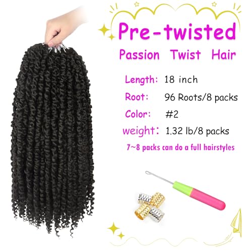 Bileaf 8 Packs Passion Twist Crochet Hair 18 Inch Crochet Passion Twist Hair Pretwisted, Pre Looped Passion Twist Crochet Braids Passion Twists Bohemian Crochet Hair Off Black - Image 3