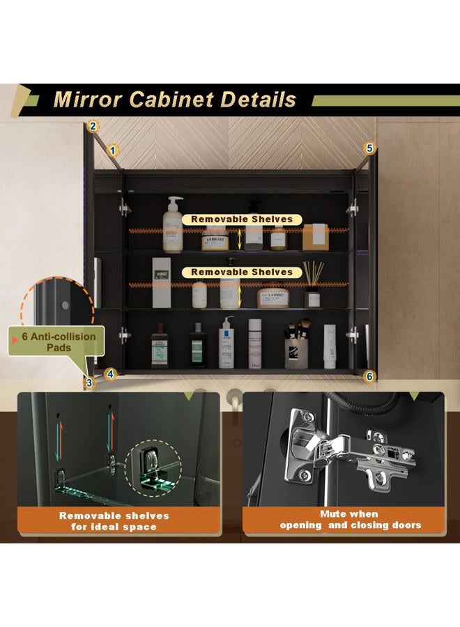 GANPE LED Lighted Bathroom Medicine Mirror Cabinet, Anti-Fog 3-Color Mode Dimmable Storage Shelves, Outlets & USBs (70 x 75 cm) - Image 5