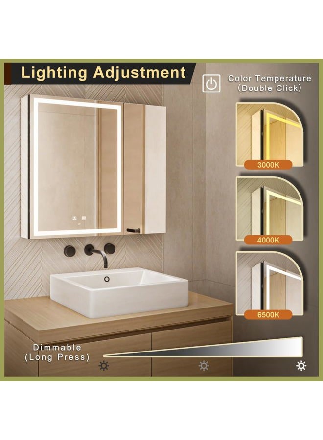 GANPE LED Lighted Bathroom Medicine Mirror Cabinet, Anti-Fog 3-Color Mode Dimmable Storage Shelves, Outlets & USBs (70 x 75 cm) - Image 3