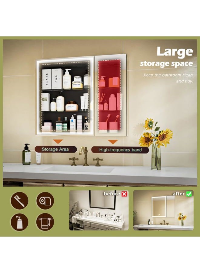 GANPE LED Lighted Bathroom Medicine Mirror Cabinet, Anti-Fog 3-Color Mode Dimmable Storage Shelves, Outlets & USBs (70 x 75 cm) - Image 4