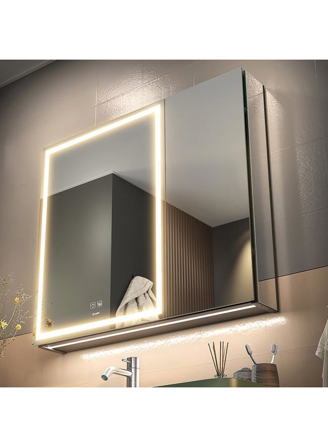 GANPE LED Lighted Bathroom Medicine Mirror Cabinet, Anti-Fog 3-Color Mode Dimmable Storage Shelves, Outlets & USBs (70 x 75 cm) - Image 1