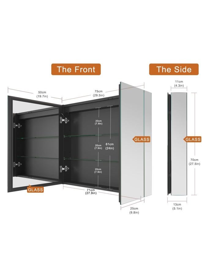 GANPE LED Lighted Bathroom Medicine Mirror Cabinet, Anti-Fog 3-Color Mode Dimmable Storage Shelves, Outlets & USBs (70 x 75 cm) - Image 2