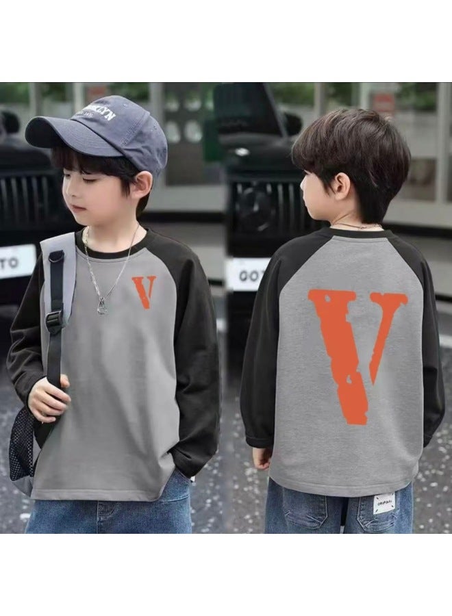 Boys' Pure Cotton Long-sleeve T-shirt, Spring And Autumn Style, For Older Children, Raglan Color-block Round Neck, Trendy And Stylish Base Shirt