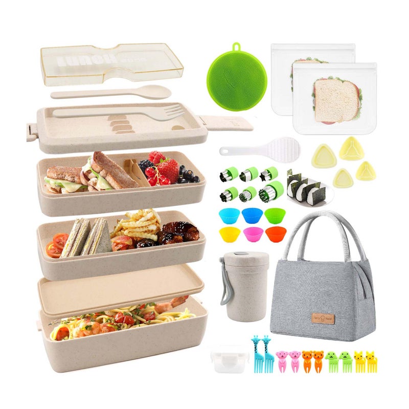 Meltset M 35Pcs Bento Box Japanese Lunch Box Kit Leakproof Bento Lunch Box for Kids Adults Wheat Straw 3 Layer Stackable Lunch Containers with Compartment Eco-Friendly Meal Prep Containers (Beige) - Image 1
