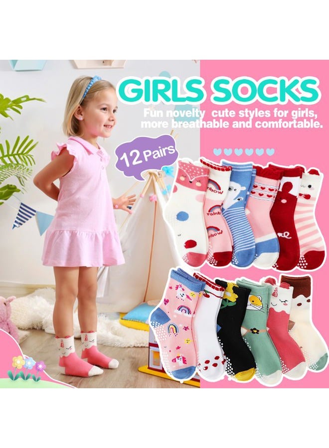 Welwoos Baby Girls Toddlers Grips Socks Kids Non Slip Anti Skid Funny Animal Cartoon Gift Cotton Socks with Grippers 12 Pairs Stocking Stuffers (Animal,5-8 Y) - Image 2