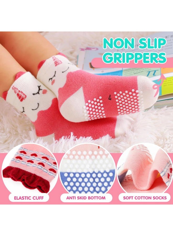 Welwoos Baby Girls Toddlers Grips Socks Kids Non Slip Anti Skid Funny Animal Cartoon Gift Cotton Socks with Grippers 12 Pairs Stocking Stuffers (Animal,5-8 Y) - Image 4
