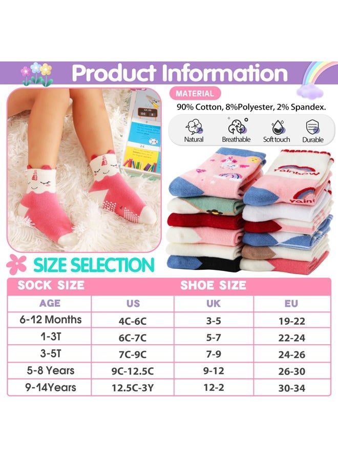 Welwoos Baby Girls Toddlers Grips Socks Kids Non Slip Anti Skid Funny Animal Cartoon Gift Cotton Socks with Grippers 12 Pairs Stocking Stuffers (Animal,5-8 Y) - Image 5