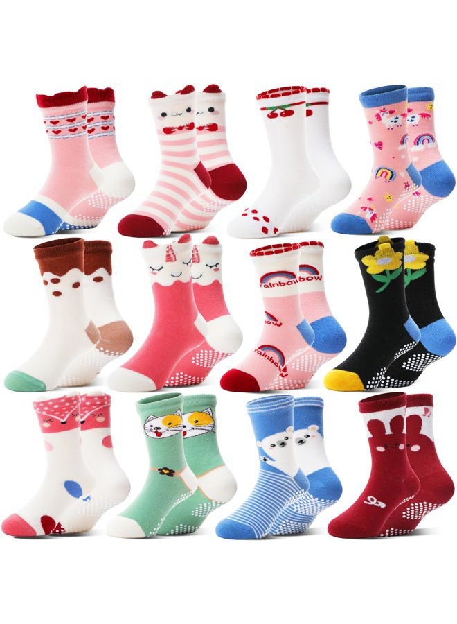 Welwoos Baby Girls Toddlers Grips Socks Kids Non Slip Anti Skid Funny Animal Cartoon Gift Cotton Socks with Grippers 12 Pairs Stocking Stuffers (Animal,5-8 Y) - Image 1