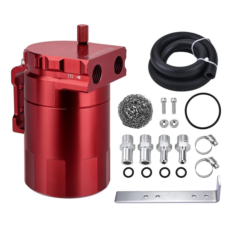 EVIL ENERGY Oil Catch Can Universal Baffled Catch Can Kit with NBR Fuel Hose 300ml Aluminum Air Oil Separator Tank for PCV System Red