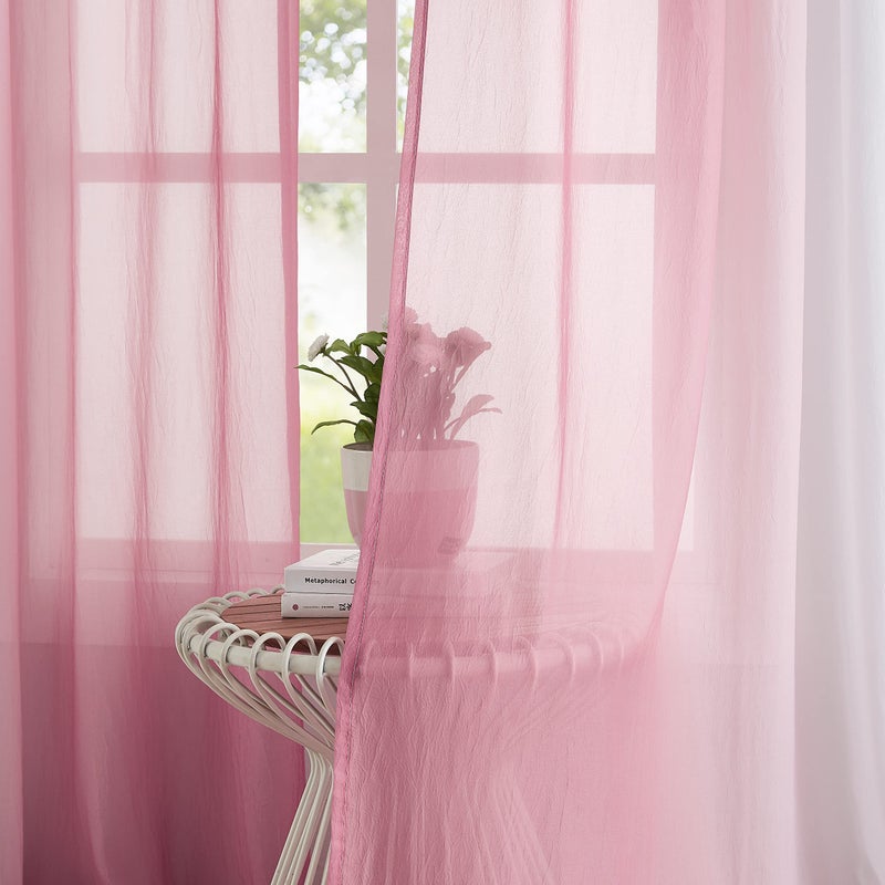 Purainbow Pink Ombre Chiffon Sheer Curtains 84 Inch Long for Living Room Bedroom Decor, Crinkle Gradient Semi Voile Grommet Top Window Curtain Drapes for Girls Room, Garden, Yard, Set of 2 Panels - Image 2