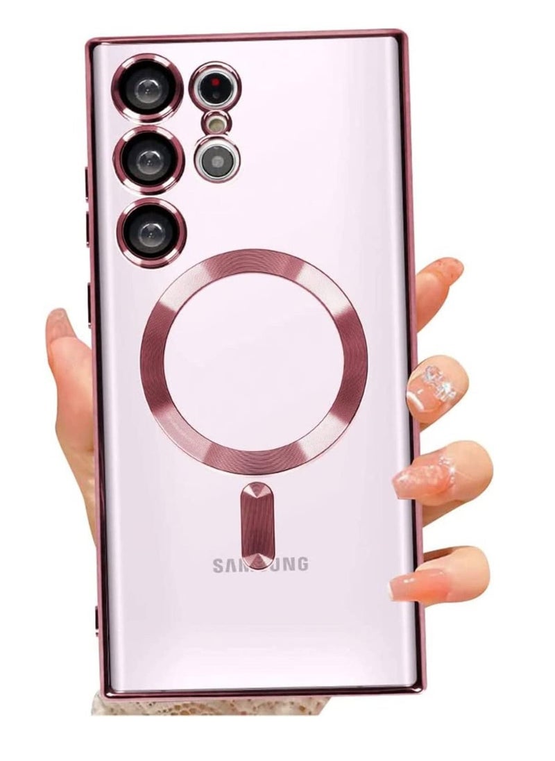 Raxoom Magnetic Clear Case for Samsung Galaxy S23 Ultra 5G with Camera Lens Protector, Compatible with MagSafe, Electroplated Slim Shockproof Phone Protective Cover for Women Men (Pink) - Image 1