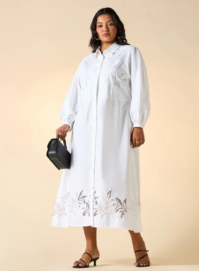 Ulla Popken Plus Size Ulla Popken Embroidered Midi Shirt Dress