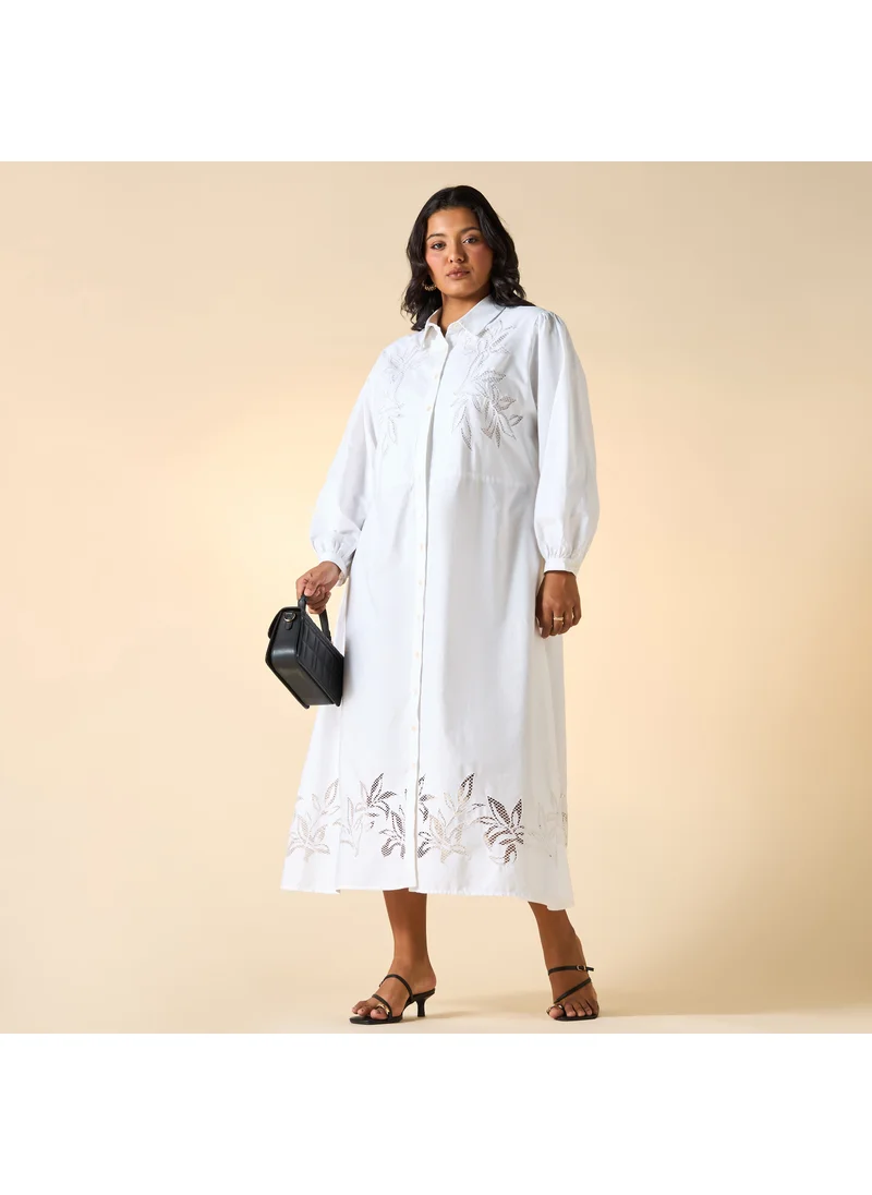 Ulla Popken Plus Size Ulla Popken Embroidered Midi Shirt Dress