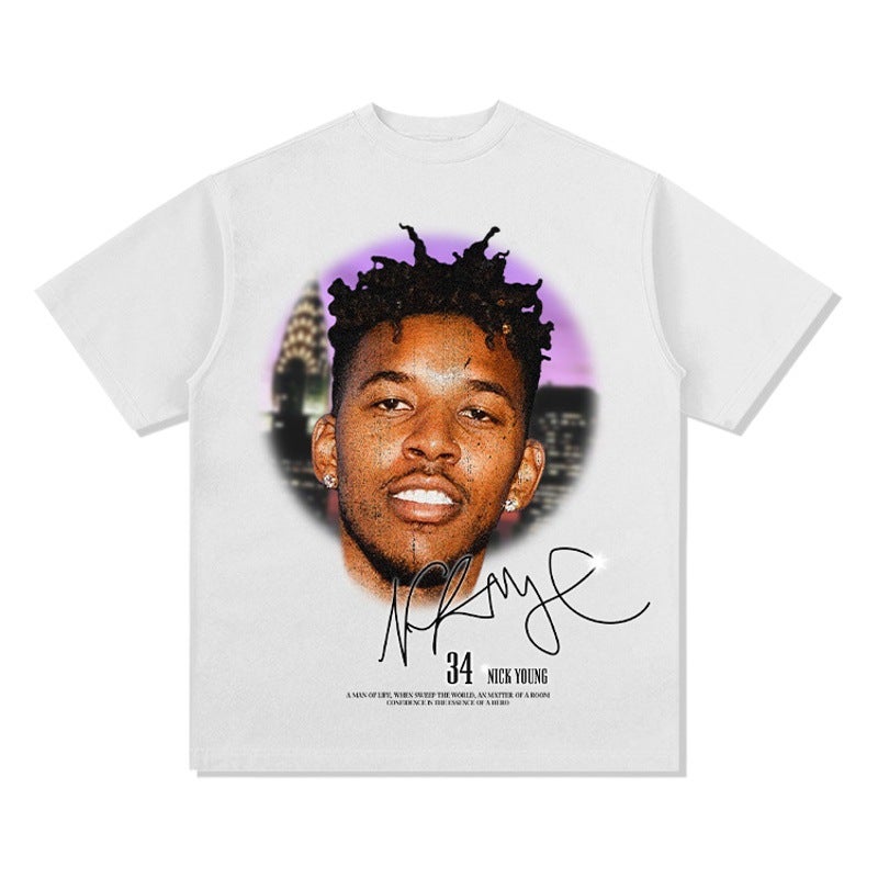 Nick Young Nick Young Big Head Printed Style Retro Boy Short Sleeve Heavy Cotton Small Collar Men - Image 2
