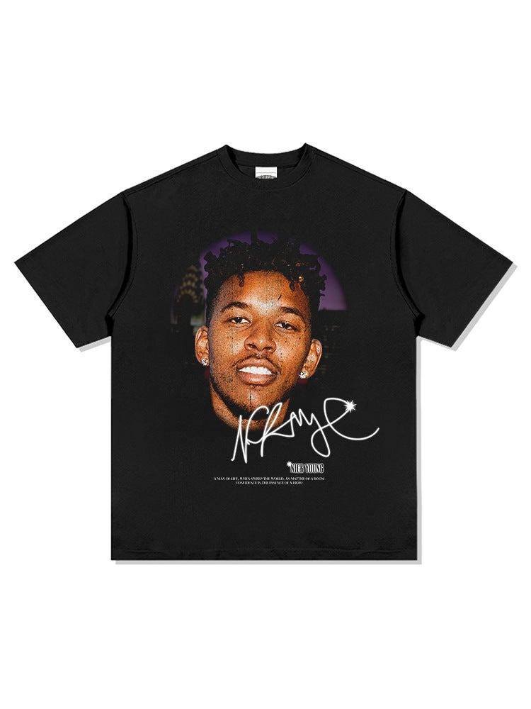 Nick Young Nick Young Big Head Printed Style Retro Boy Short Sleeve Heavy Cotton Small Collar Men - Image 3