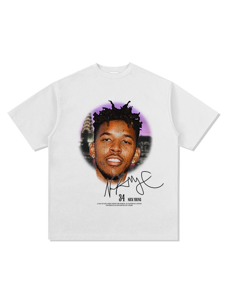 Nick Young Nick Young Big Head Printed Style Retro Boy Short Sleeve Heavy Cotton Small Collar Men - Image 4