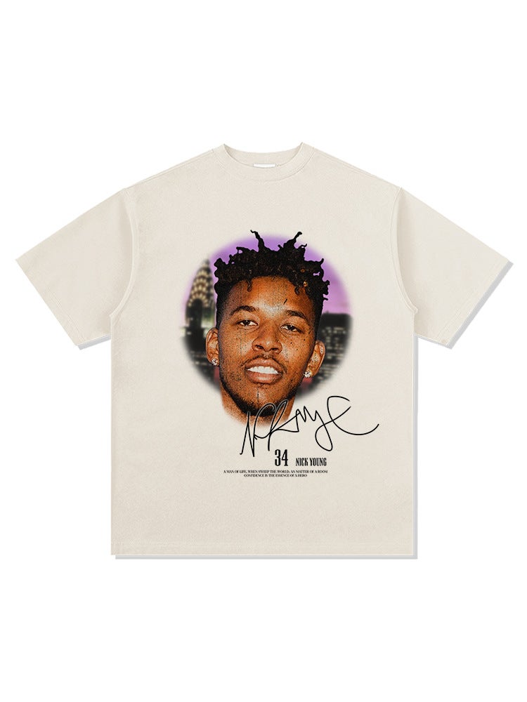 Nick Young Nick Young Big Head Printed Style Retro Boy Short Sleeve Heavy Cotton Small Collar Men - Image 5