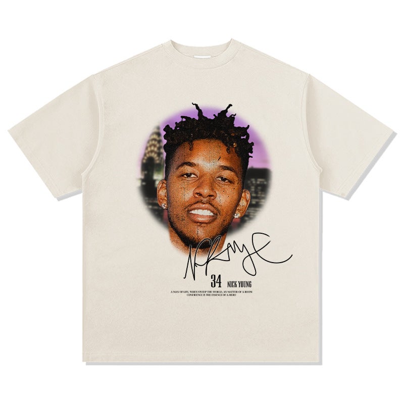 Nick Young Nick Young Big Head Printed Style Retro Boy Short Sleeve Heavy Cotton Small Collar Men - Image 1