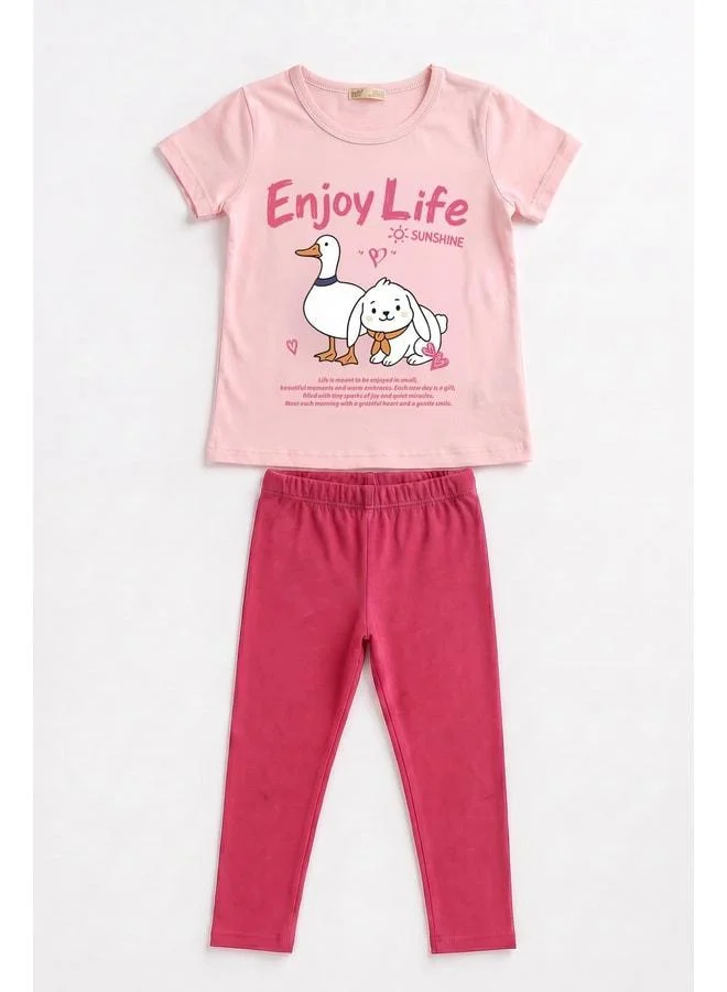 بيرندي طقم قميص قصير الأكمام مطبوع “Enjoy Life” وسروال ليقنز للفتاة