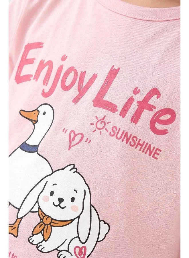 بيرندي طقم قميص قصير الأكمام مطبوع “Enjoy Life” وسروال ليقنز للفتاة