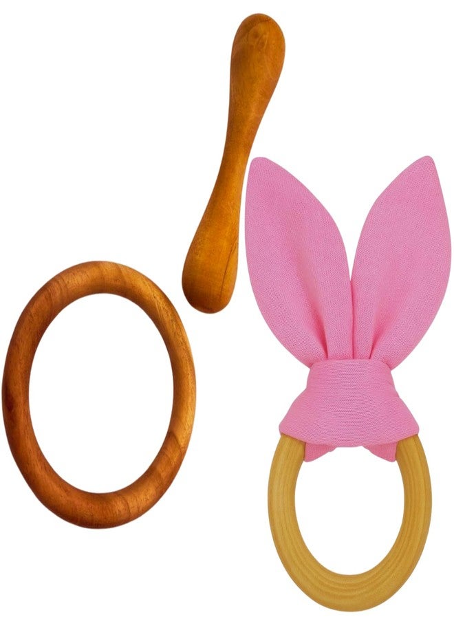 Litilish Wooden Teether Ring/Neem Wood Teeth Ring for Babies,Teethers Sacker/Soother Wood Rattle Nibbler Teething Toy Teether Infant with Soft Muslin Cloth Bunny Ear Combo for Baby (Bunny + Dumbbell + Ring) - Image 1