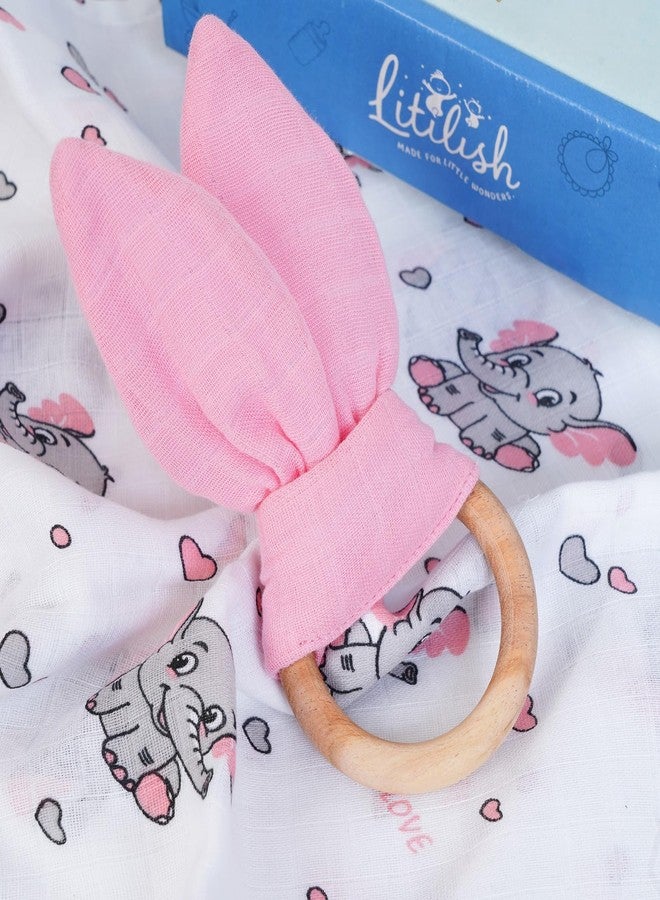 Litilish Wooden Teether Ring/Neem Wood Teeth Ring for Babies,Teethers Sacker/Soother Wood Rattle Nibbler Teething Toy Teether Infant with Soft Muslin Cloth Bunny Ear Combo for Baby (Bunny + Dumbbell + Ring) - Image 3
