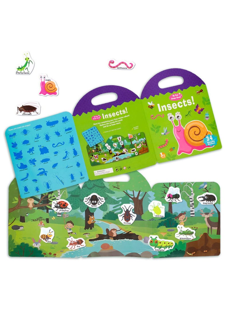 3 Pack Reusable Sticker Books for Kids, New Learning Stickers for Kids Toys, Toys for 2-5 Year Old Girls Boys Birthday Gifts, Toddler Toys, Journal Paper Stickers Scrapbooking Stationery Sticker (Space, Transports, Insects)