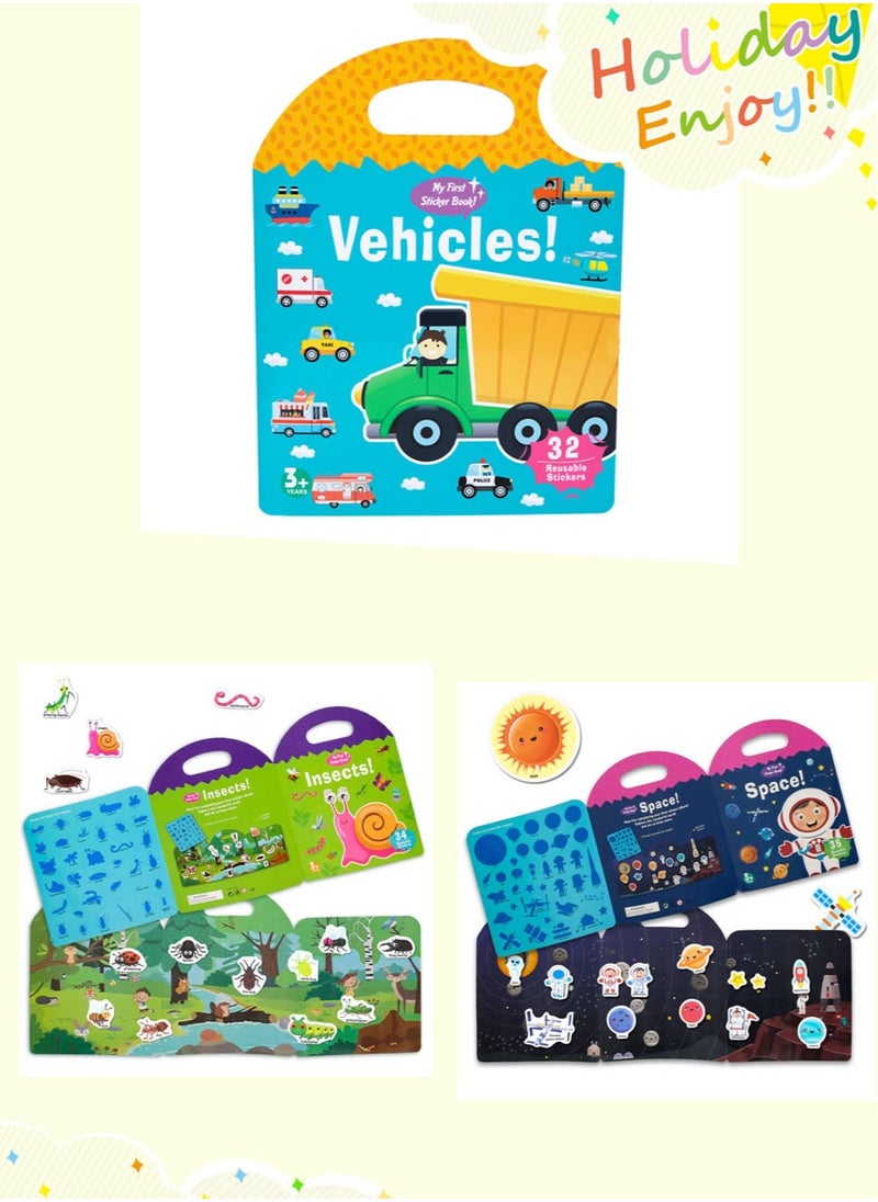 3 Pack Reusable Sticker Books for Kids, New Learning Stickers for Kids Toys, Toys for 2-5 Year Old Girls Boys Birthday Gifts, Toddler Toys, Journal Paper Stickers Scrapbooking Stationery Sticker (Space, Transports, Insects)