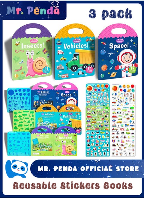 3 Pack Reusable Sticker Books for Kids, New Learning Stickers for Kids Toys, Toys for 2-5 Year Old Girls Boys Birthday Gifts, Toddler Toys, Journal Paper Stickers Scrapbooking Stationery Sticker (Space, Transports, Insects)