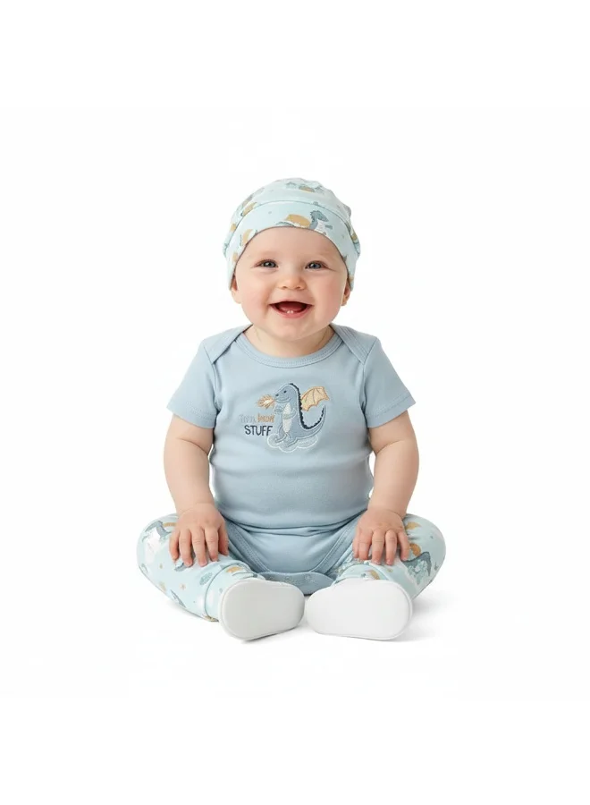 Bambimici Baby Blue Cotton Bodysuit & Pants Set with Hat – 3-Piece Newborn Outfit