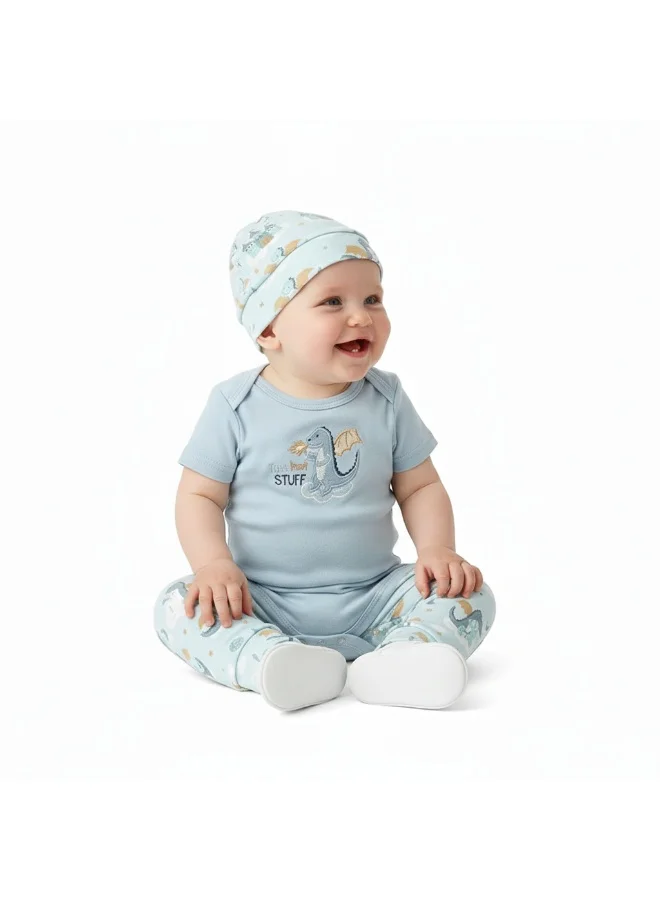 Bambimici Baby Blue Cotton Bodysuit & Pants Set with Hat – 3-Piece Newborn Outfit