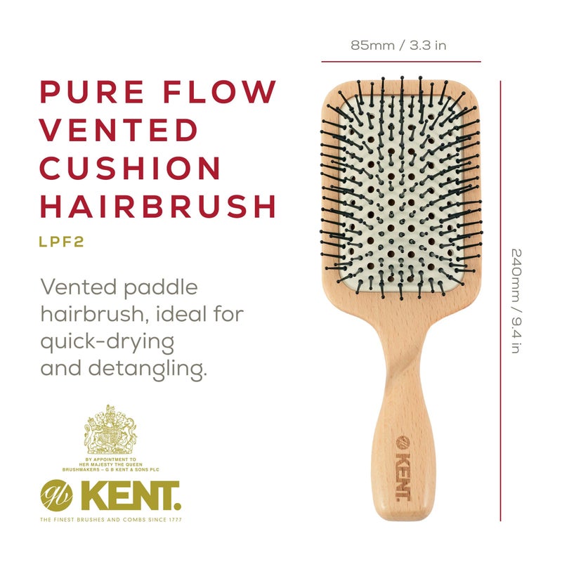 Kent LPF2 Large Cushion Paddle Hair Brush, Vented Taming Fine Pins Detangle Brush for Long Thick and Curly Hair, Scalp Massager and Growth Stimulator Wet or Dry Hair Detangling. Made in England - Image 2