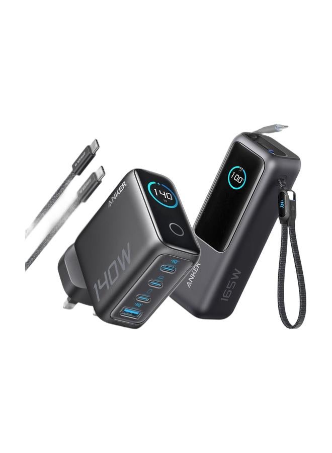 Anker 140W USB C Charger, Laptop Charger, 4-Port Multi-Device Fast Charging, Advanced GaN Power Adapter, Intuitive Touch Controls, Compatible with MacBook, iPhone 17 Series, Samsung, Pixel, and More & Power Bank, 25,000mAh 165W Ultra-Fast Portable Charger for Dual Laptops, Fast Charging Battery Pack with Built-In and Retractable Cables, For iPhone 17/16 Series, Samsung, and MoreBundle - Image 1
