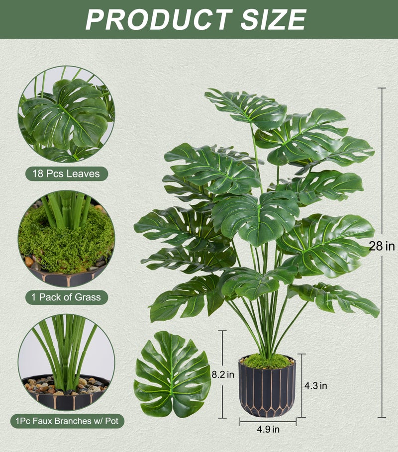 florisso 28" Artificial Monstera Plant Tall Fake Faux Plants Indoor Outdoor Tree for Living Room Home House Decoration - Image 3