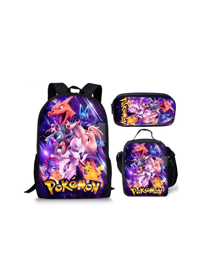 Pokemon Cartoon Backpack Three-piece Student School Bag 