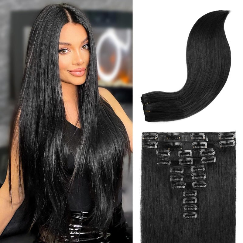 REECHO Hair Extensions, 11PCS Clip in Hair Extensions 28" Long Straight hair extensions HE005 Natural Soft Synthetic Hairpieces for Women Black - Image 1