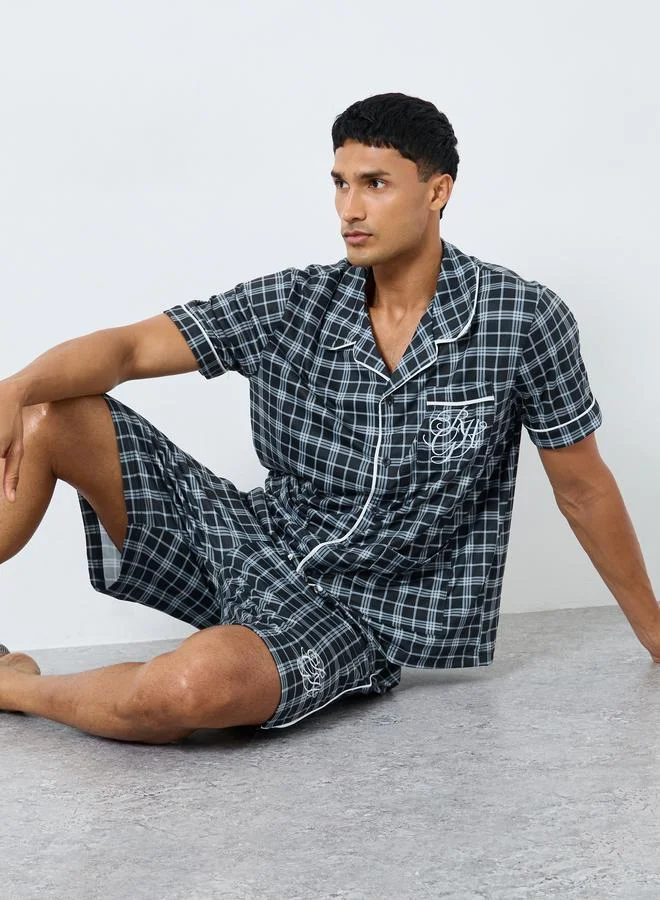 Styli Styli Men Pocket Embroidery Shirt and Checked Shorts Set