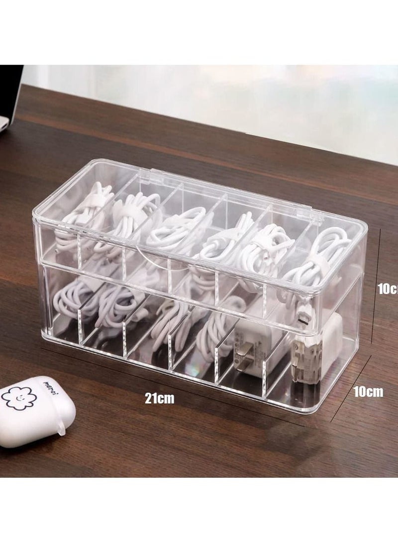 Excefore Double Layer Cable Tidy Box with Lid, 12 Grids Cable Organizer Box, Large Storage Box for Data Cables, Charger Plug, Clear Cable Management Box with Free 15PCS Cable Ties & Classify Labels - Image 1