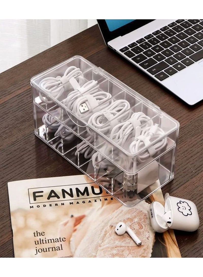 Excefore Double Layer Cable Tidy Box with Lid, 12 Grids Cable Organizer Box, Large Storage Box for Data Cables, Charger Plug, Clear Cable Management Box with Free 15PCS Cable Ties & Classify Labels - Image 2