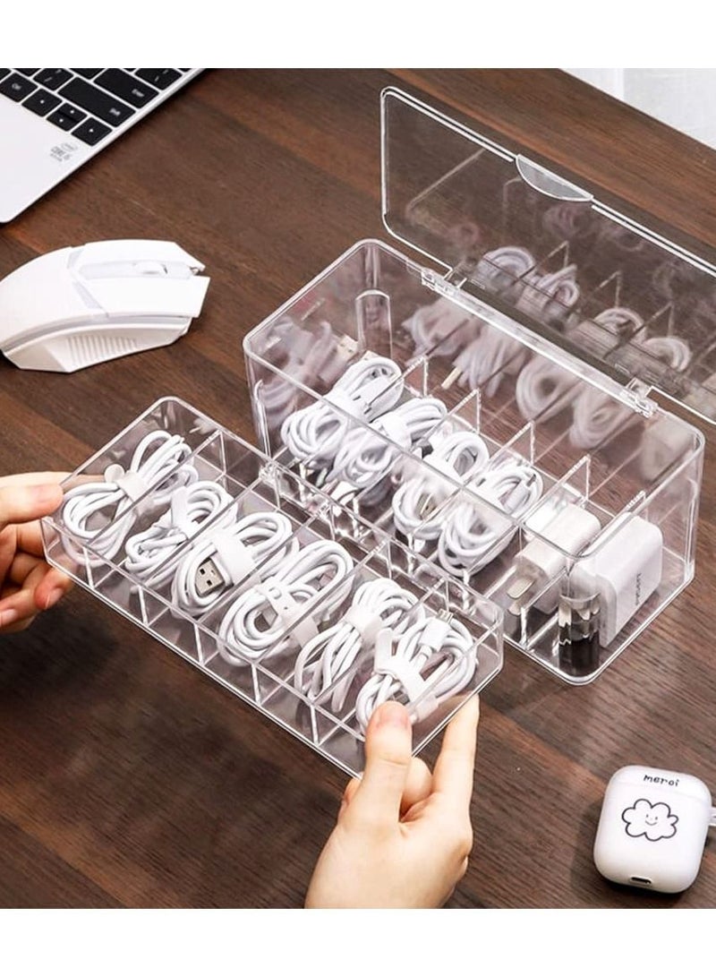 Excefore Double Layer Cable Tidy Box with Lid, 12 Grids Cable Organizer Box, Large Storage Box for Data Cables, Charger Plug, Clear Cable Management Box with Free 15PCS Cable Ties & Classify Labels - Image 5