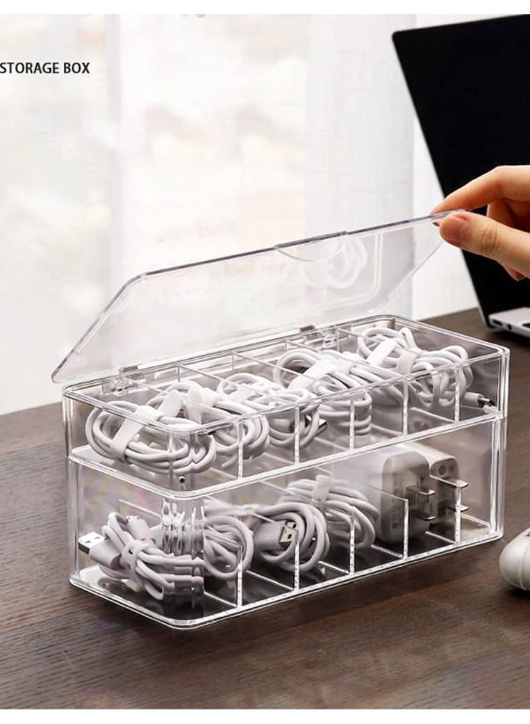 Excefore Double Layer Cable Tidy Box with Lid, 12 Grids Cable Organizer Box, Large Storage Box for Data Cables, Charger Plug, Clear Cable Management Box with Free 15PCS Cable Ties & Classify Labels - Image 3