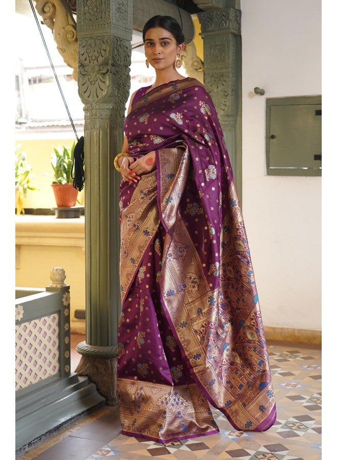Subham Women's Silk Cotton Banarasi Soft Saree with Blouse Piece | Jacquard Design Kanjivaram Sarees (45886 - Wine, Turquoise, Golden) - Image 4