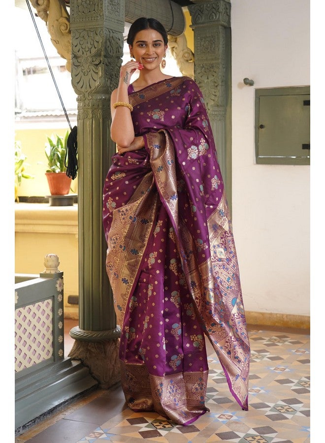 Subham Women's Silk Cotton Banarasi Soft Saree with Blouse Piece | Jacquard Design Kanjivaram Sarees (45886 - Wine, Turquoise, Golden) - Image 2
