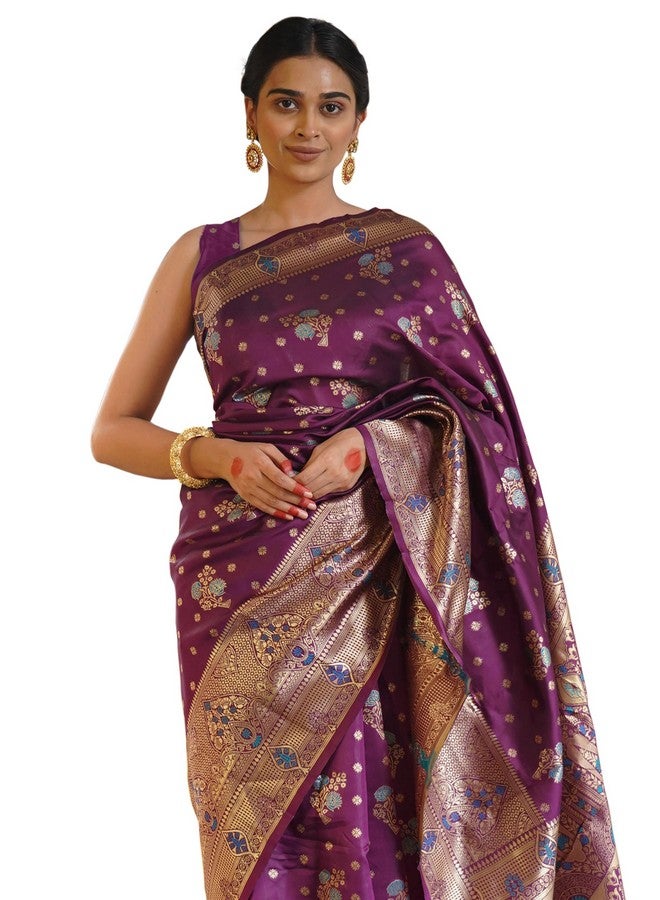 Subham Women's Silk Cotton Banarasi Soft Saree with Blouse Piece | Jacquard Design Kanjivaram Sarees (45886 - Wine, Turquoise, Golden) - Image 1