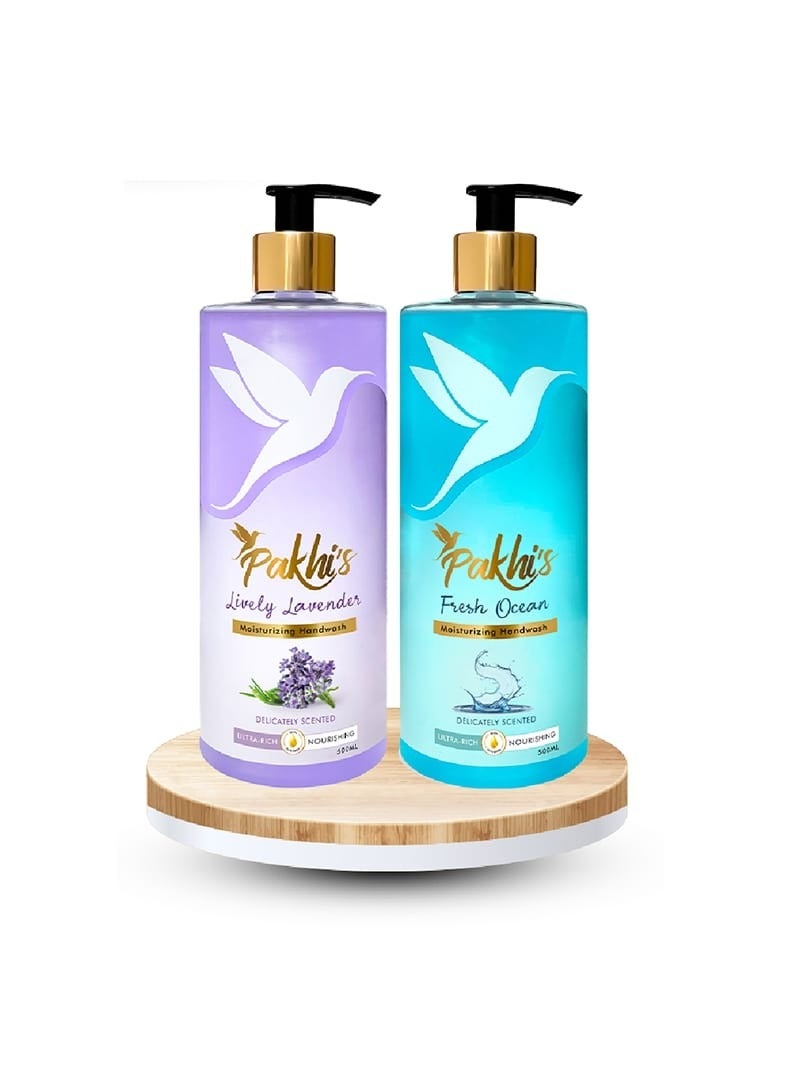 Pakhi's Pakhi’s Liquid Hand Soap – Twin Pack (2 x 500ml) - Moisturizing Foaming Hand Wash for bathroom and kitchen with Pump - Luxurious Nourishment for Your Skin (Lively Levender + Fresh Ocean) - Image 1