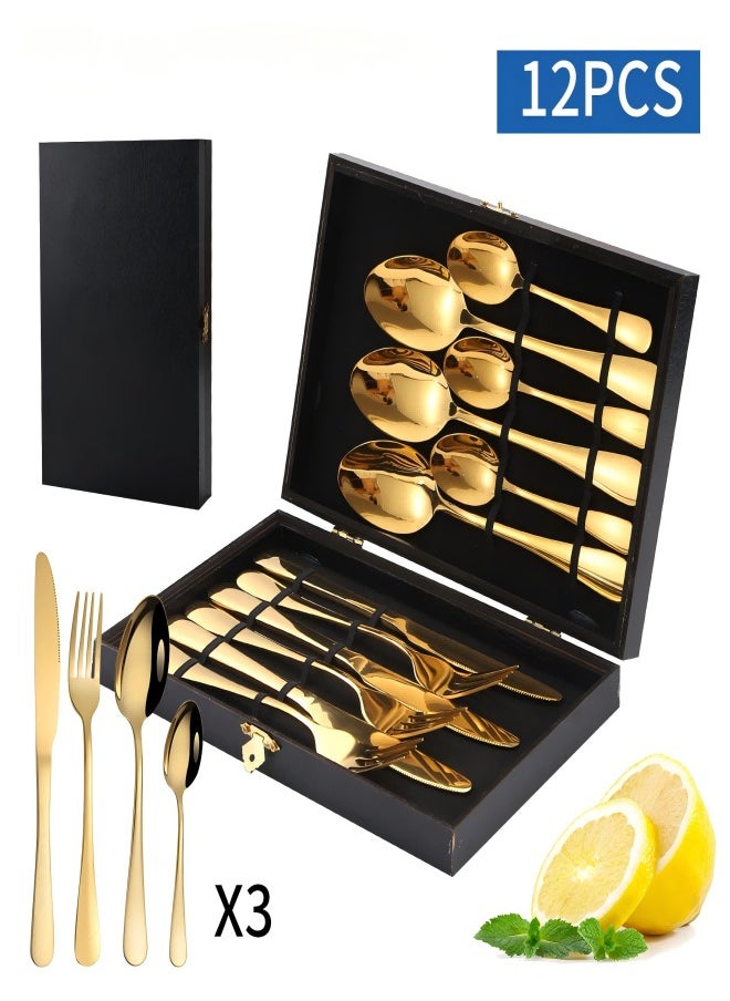 Excellent - Stainless Steel Knife, Fork And Spoon Cutlery Set, Western Steak Knife And Fork Wooden Gift Box 12-Piece Set - Image 1