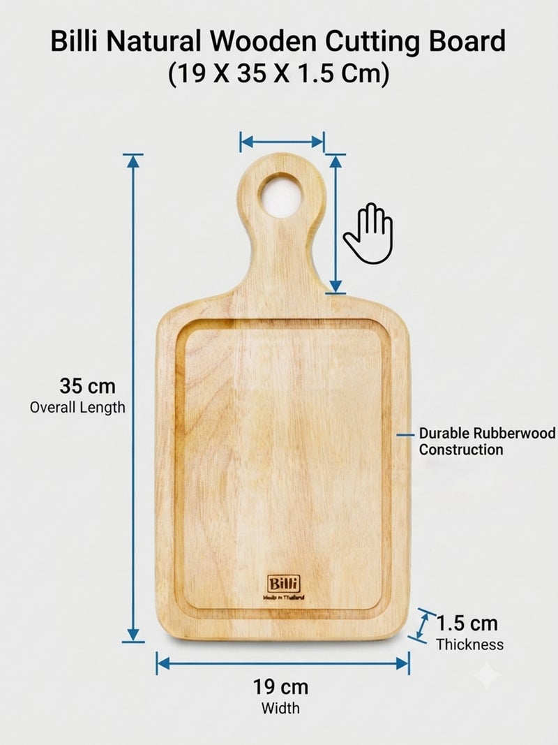 Billi Natural Wooden Cutting Board with Handle, 19 x 35 x 1.5 cm, Durable Chopping and Serving Board - Image 4